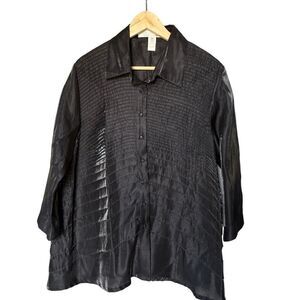 Glamour Badgley Mischka Blouse Size L Black Textured Sheer 3/4 Sleeve Elegant